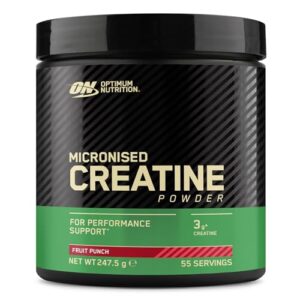 Optimum Nutrition Creatina Micronizada en Polvo, Sabor Ponche de Frutas, 247.5g, 55 Servicios