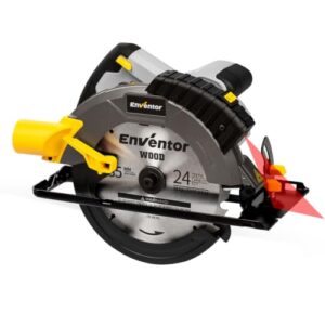 Enventor 1650W Sierra Circular con Guía Láser, Sierra Circular de Mano 5500RPM, Profundidad de Corte 62mm(90°), 46mm(45°), 2 Hojas de Sierra(185mm, 24T+ 40T), Ideal para Cortar Madera