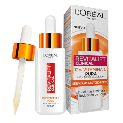 L’Oréal Paris Sérum Facial 12% Pura Vitamina C , Piel más luminosa y poros menos visibles, Reduce las arrugas, la despigmentación y los poros, Revitalift Clinical, 30 ml