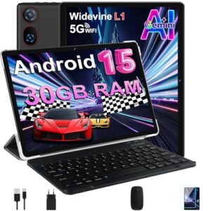 DMOAO Tablet 10 Pulgadas Android 15 con Gemini AI, 30 GB RAM + 2 TB ROM Expansión, 5G WiFi, GPS, Widevine L1, Octa-Core, BT 5.0, 6000mAh, USB-C, FHD Tablet con Teclado+ Ratón + Funda, Nero
