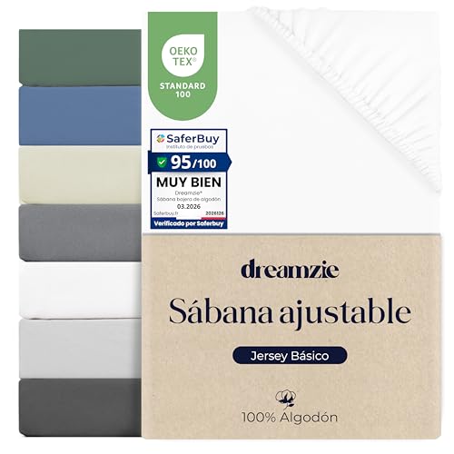Dreamzie Sabana Bajera 100×200 Ajustable Algodon Jersey, Altura colchon 25 cm hasta 22 cm, Oeko-Tex Certificado, hipoalergenica, Blanco