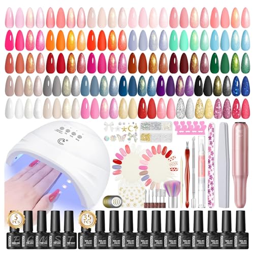 PEACECOLOR 65Pcs Kit Uñas Semipermanentes 35 Colores Rojo Blanco Morado Gris y Desnudo Esmaltes Semipermanentes con Lámpara y Lijadora de Uñas, Base y Top Coat de Manicura Accesorios Nail Art Kit
