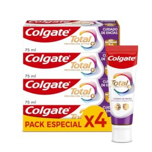Colgate Total Prevención Activa + Cuidado de Encías Pasta de dientes 4x75ml | 3 veces más eficaz combatiendo la causa principal* de los problemas bucodentales más comunes