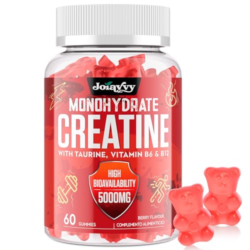 Gominolas de Creatina Monohidrato, 5000 mg de Creatina Monohidratada por cada Dosis, Potenciador Preentrenamiento, Más Práctico que el Polvo, Sabor a Bayas, Vegano (60 Unidad (Paquete de 1))