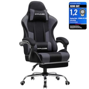 GTPLAYER Silla de Gaming de Tela, Silla de Oficina, Masaje, sillón Gamer, Silla ergonómica con reposapiés, reposacabezas, cojín Lumbar de Masaje, Silla Acolchada, Silla giratoria, Gris