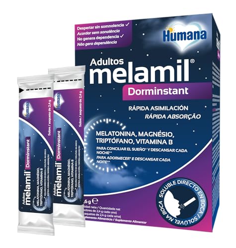 Melamil Dorminstant para adolescentes y adultos, melatonina 99% pura, triptófano y magnesio, para conciliar el sueño y descansar, 24 sobres