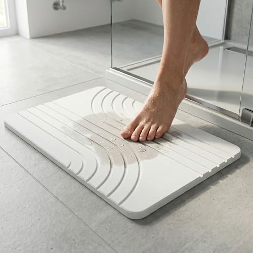 Lynna Alfombra Diatomita Baño – Secado Rápido y Antideslizante – Alfombra de Piedra Diatomita Baño para Salida de Ducha – Alfombrilla Ecológica y Duradera – Diseño Moderno (Blanco)