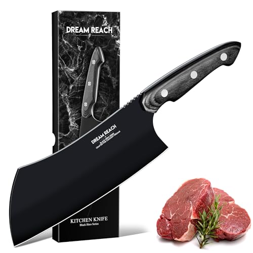Dream Reach Cuchillo Cocina Multiusos Hoja Negra, Acero Inoxidable Mango Madera Ergonómico, para Carne Verduras Pescado