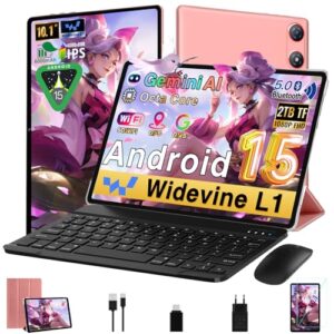 Gemini AI Tablet 10 Pulgadas Tablet Android 15, 64GB ROM + 2TB TF, Octa-Core, 5G WiFi 6, Widevine L1, GMS, Bluetooth 5.0, 5MP + 8MP, 3.5mm Audio, 1280 * 800 FHD IPS, Tablet con Teclado y Rat贸n (Rosa)