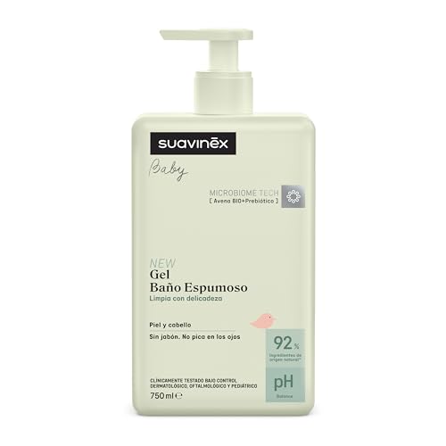 Suavinex, Gel Champú Espumoso para Bebés, para Piel y Cabello, 750 ml | Sin Jabón, Apto Piel Sensible, Recién Nacido, No Pica en los Ojos, 92% Ingredientes Origen Natural, con Prebiótico, Testado